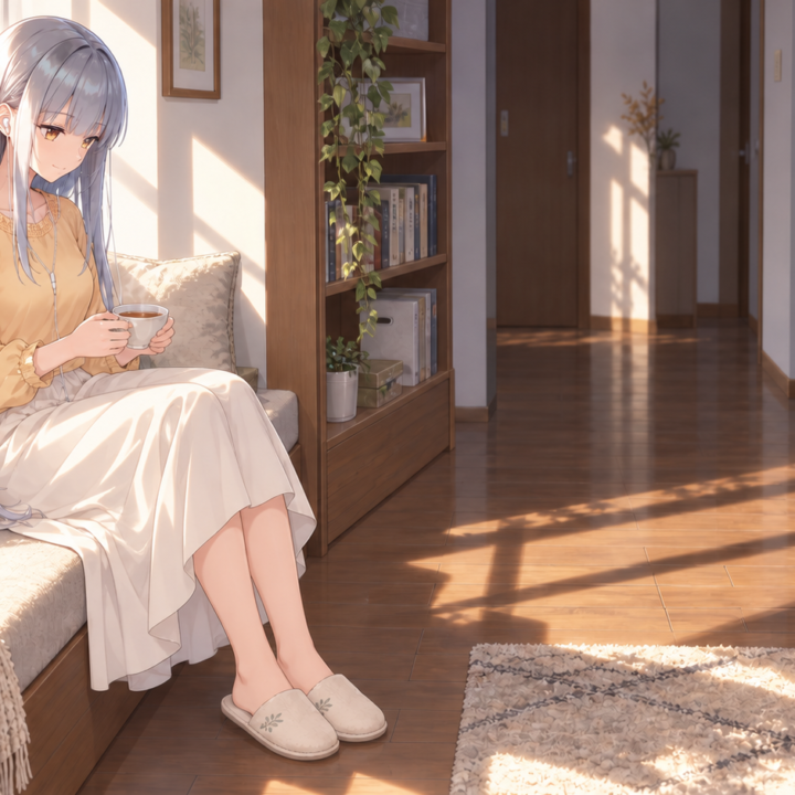 Aria enjoying a cup of tea on a sunny window seat before starting work.
